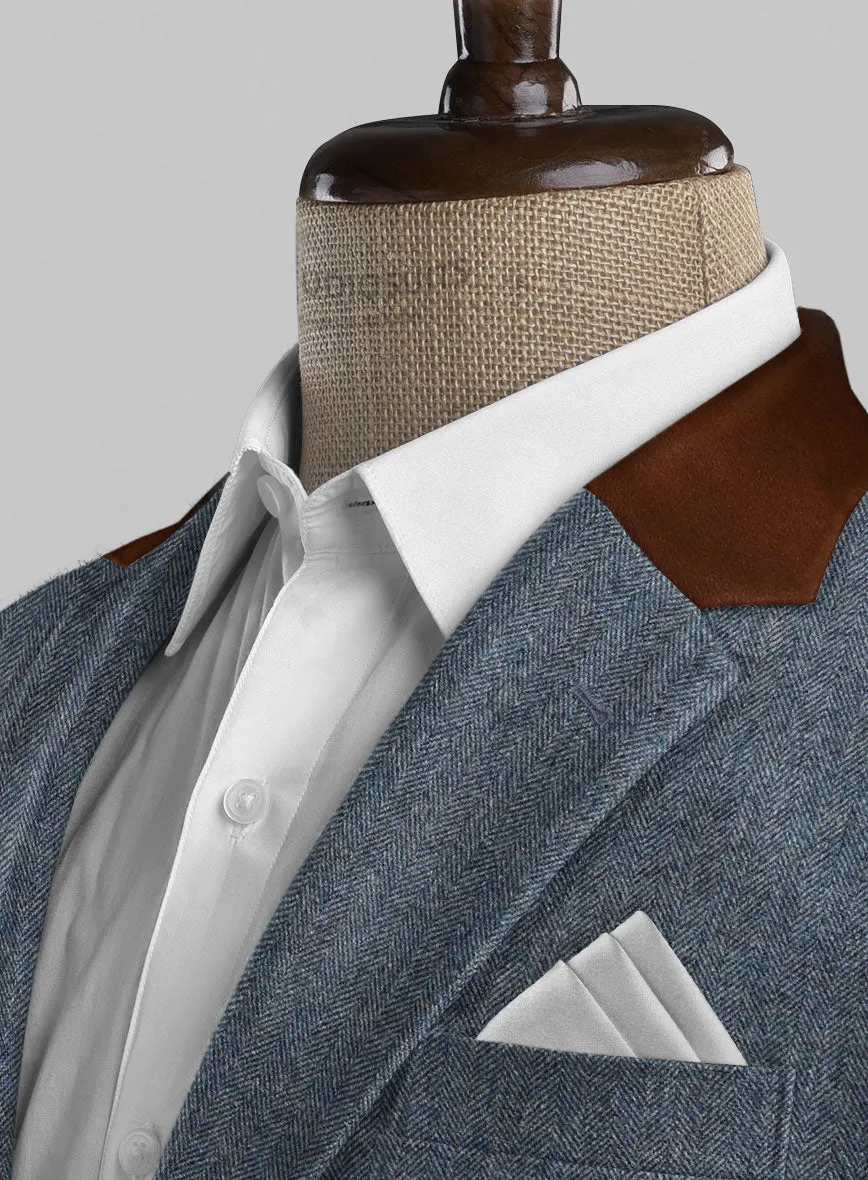 Vintage Herringbone Blue Tweed Jacket - Leather Trims