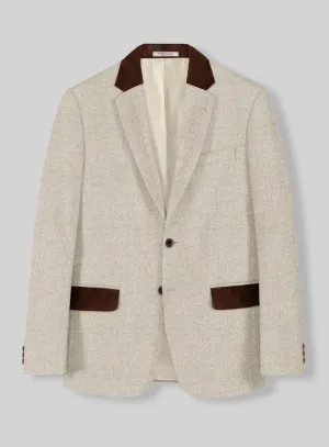 Vintage Herringbone Light Beige Tweed Jacket - Leather Trims