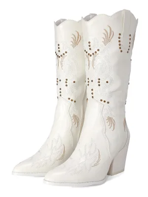 White Embroidered Flower Leather Cowboy Boots