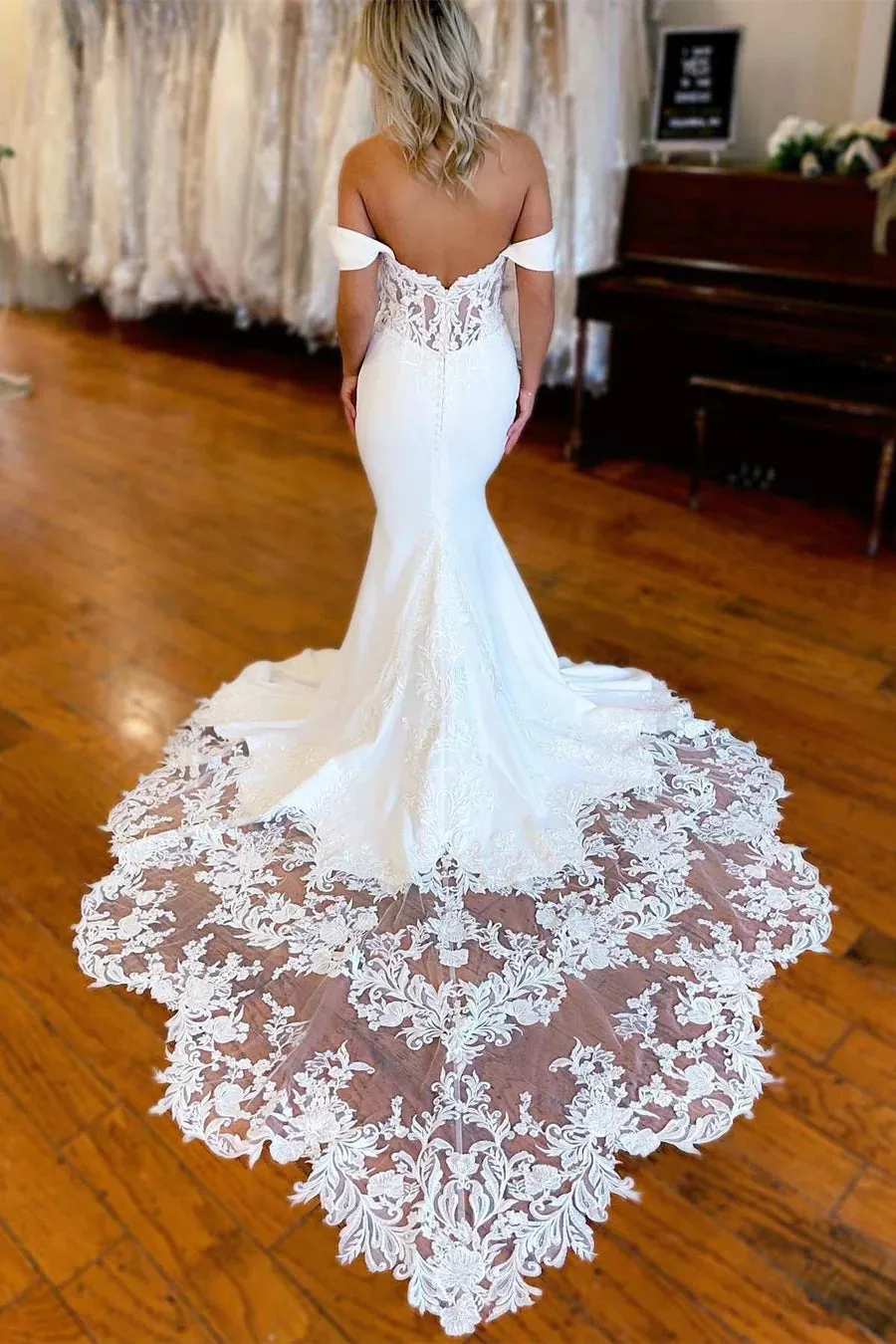 White Lace-Trimmed Off The Shoulder Mermaid Long Wedding Dress WD635