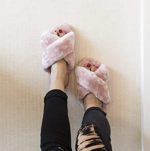 Women's Fuzzy Cross Band House Slippers Soft Plush Furry Fur Open Toe Cozy Memory Foam Winter Warm Comfy Slip On Breathable Sandals Indoor Outdoor Slippers for Women and Girls (06/Pink, 7-8)