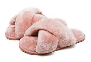 Women's Fuzzy Cross Band House Slippers Soft Plush Furry Fur Open Toe Cozy Memory Foam Winter Warm Comfy Slip On Breathable Sandals Indoor Outdoor Slippers for Women and Girls (06/Pink, 7-8)