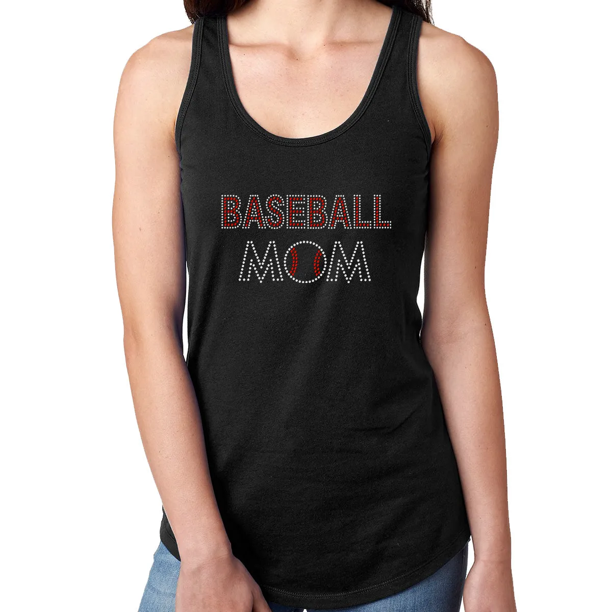 Womens T-Shirt Bling Black Fitted Tee Baseball Mom Ball Red