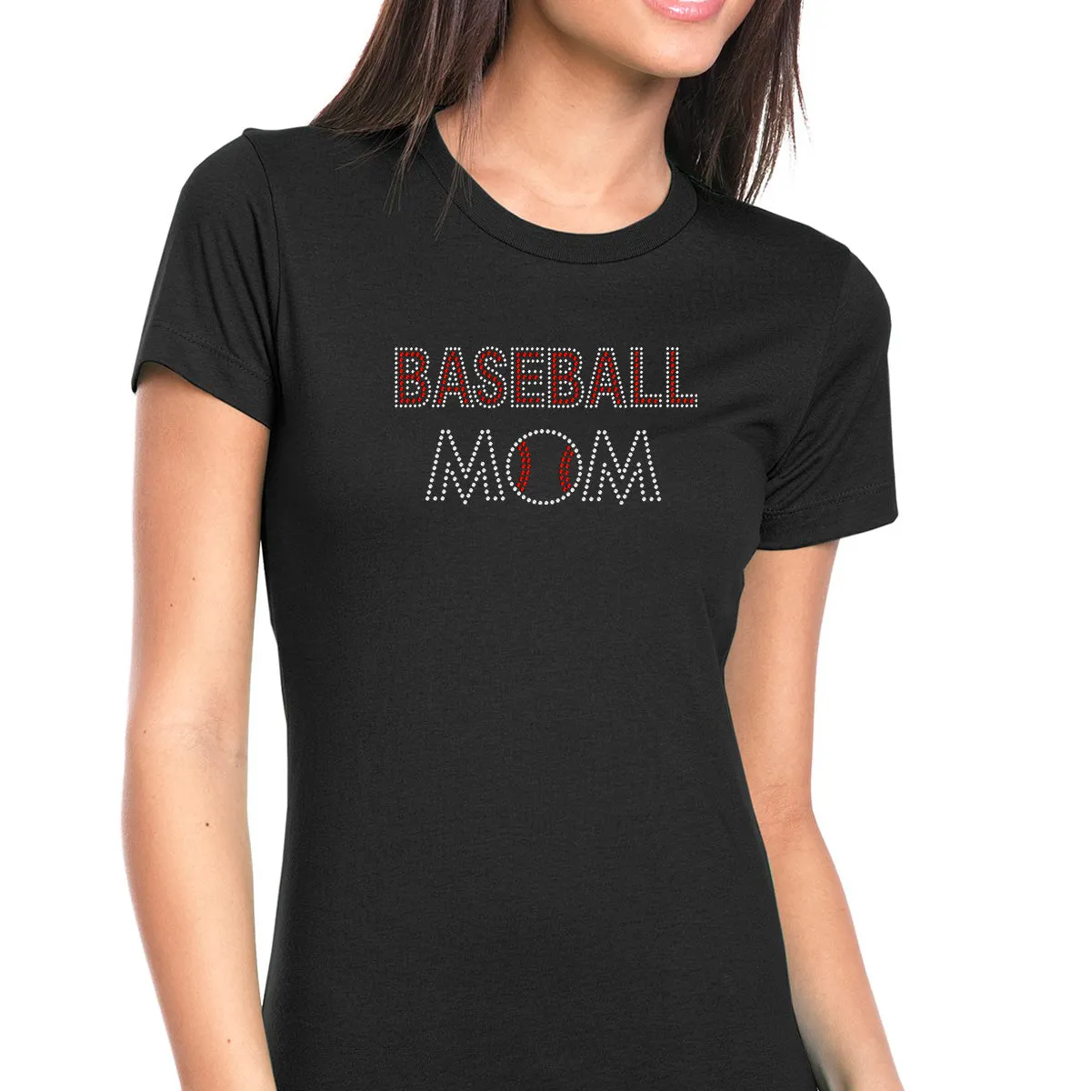 Womens T-Shirt Bling Black Fitted Tee Baseball Mom Ball Red