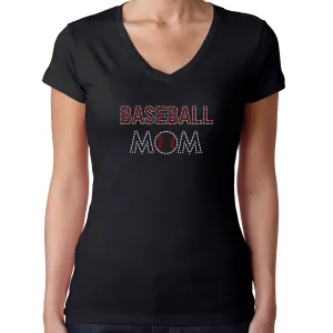 Womens T-Shirt Bling Black Fitted Tee Baseball Mom Ball Red