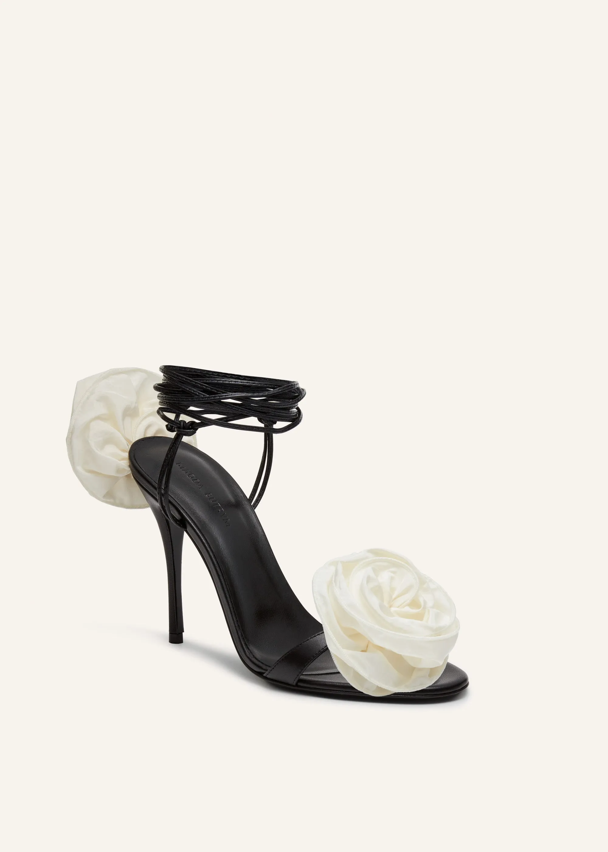 Wrap around double flower sandals in cream taffeta