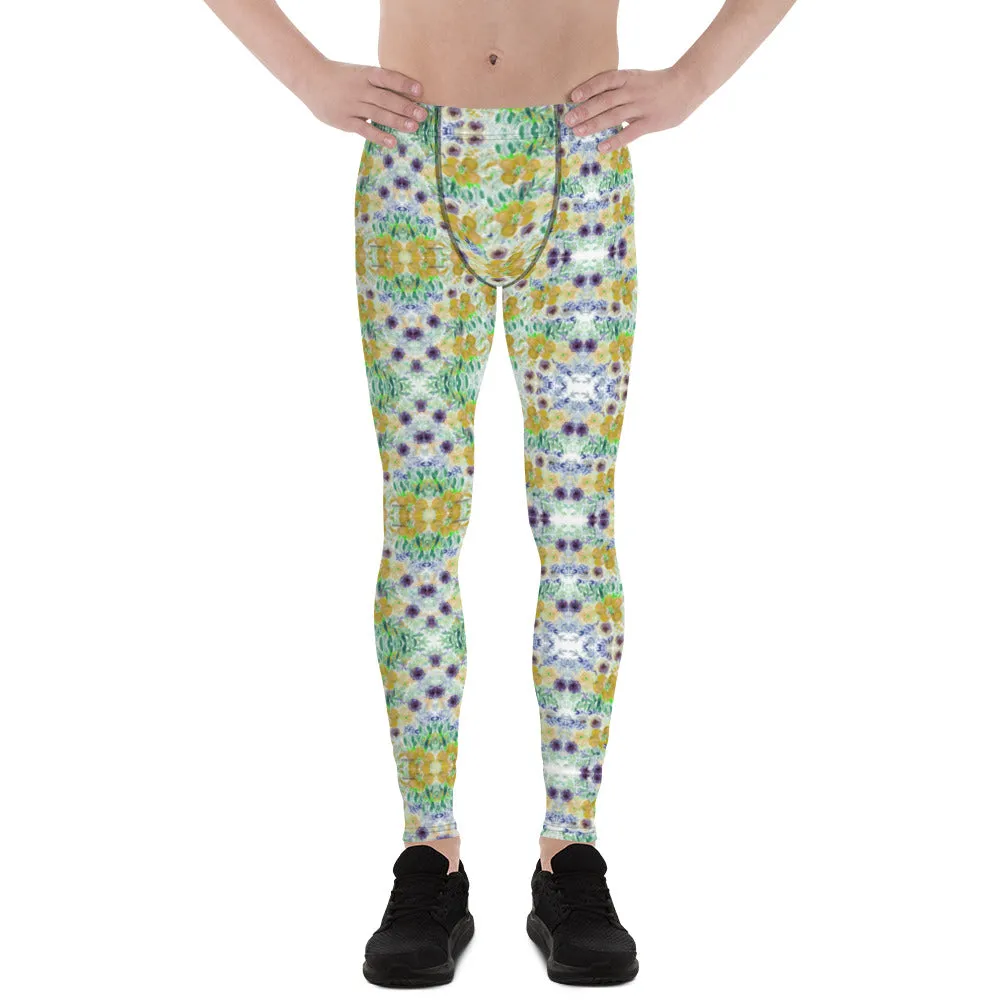 Yellow Floral Print Men's Leggings, Vintage Style Party Running Tights For Men-Made in USA/EU