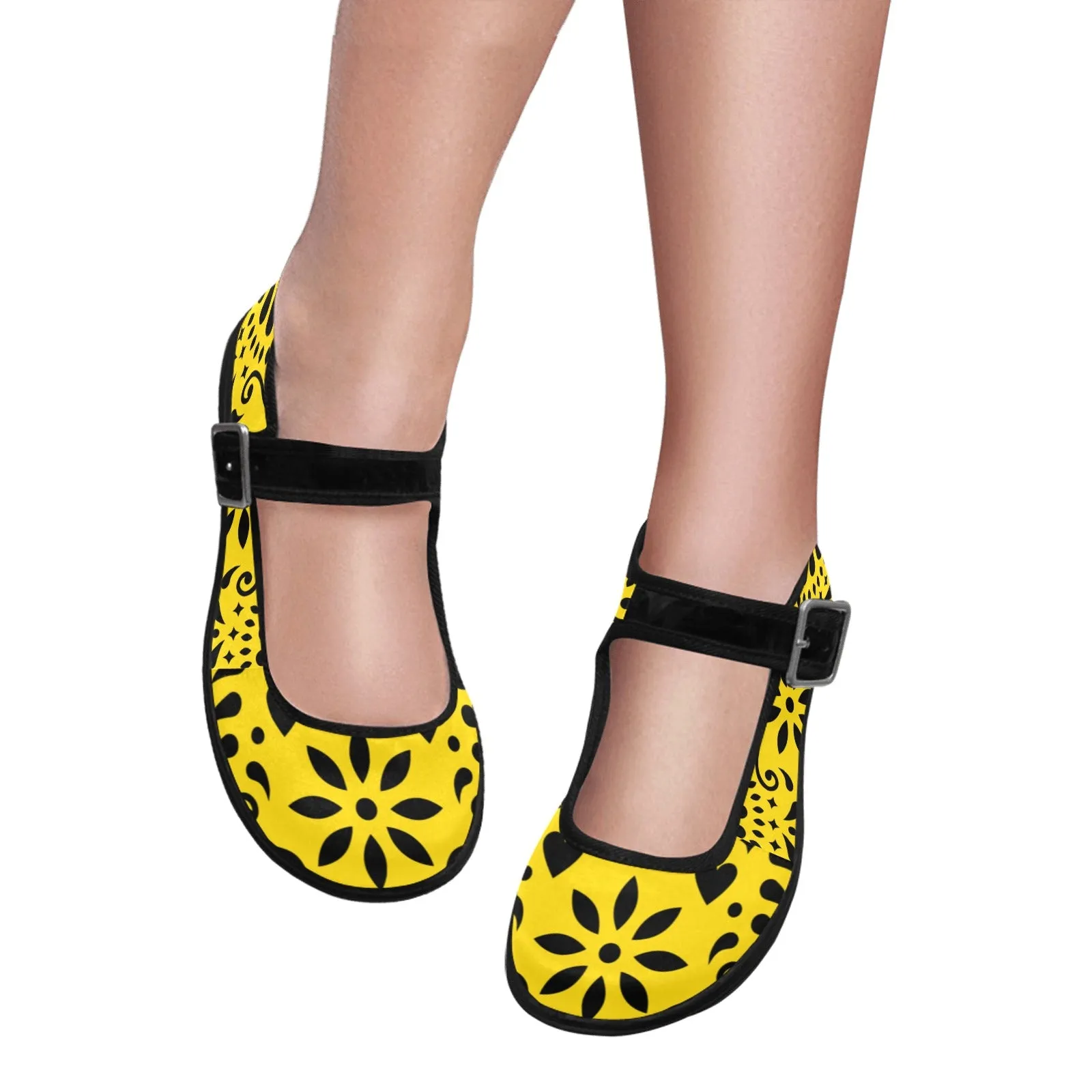 Yellow Papel Picado Mila Satin Women's Mary Jane Shoes (Model 4808)