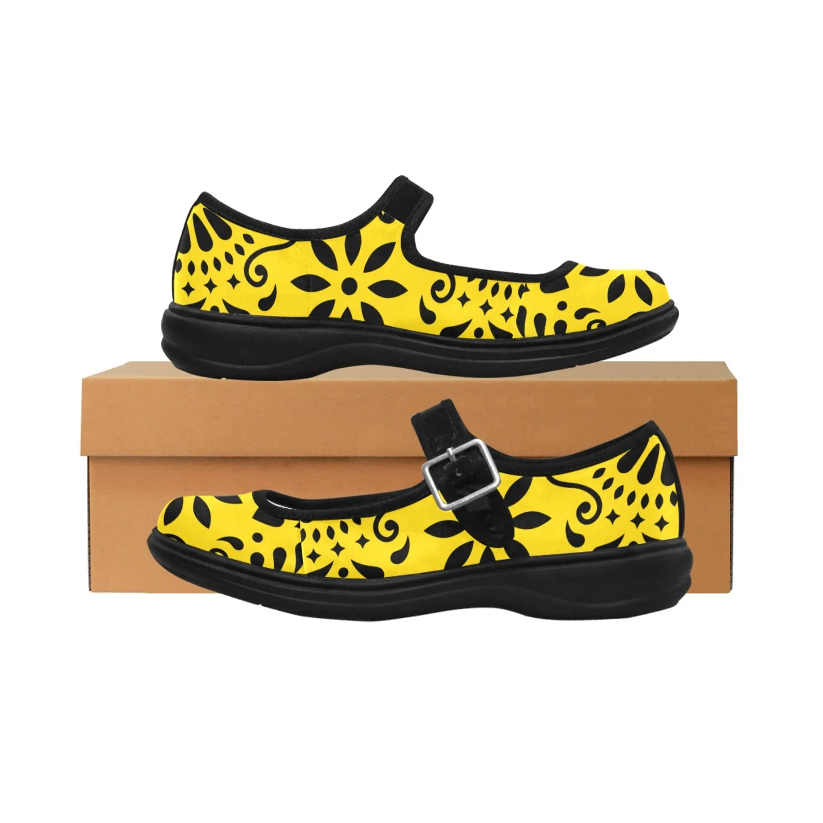 Yellow Papel Picado Mila Satin Women's Mary Jane Shoes (Model 4808)